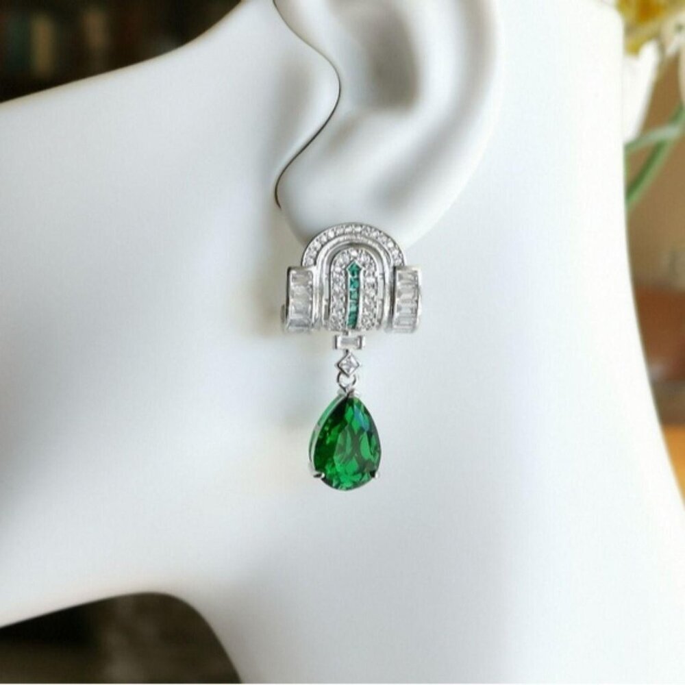 Emerald Cz Art Deco lever  earrings 14k white gold Overlay 🆕 - Picture 2 of 8